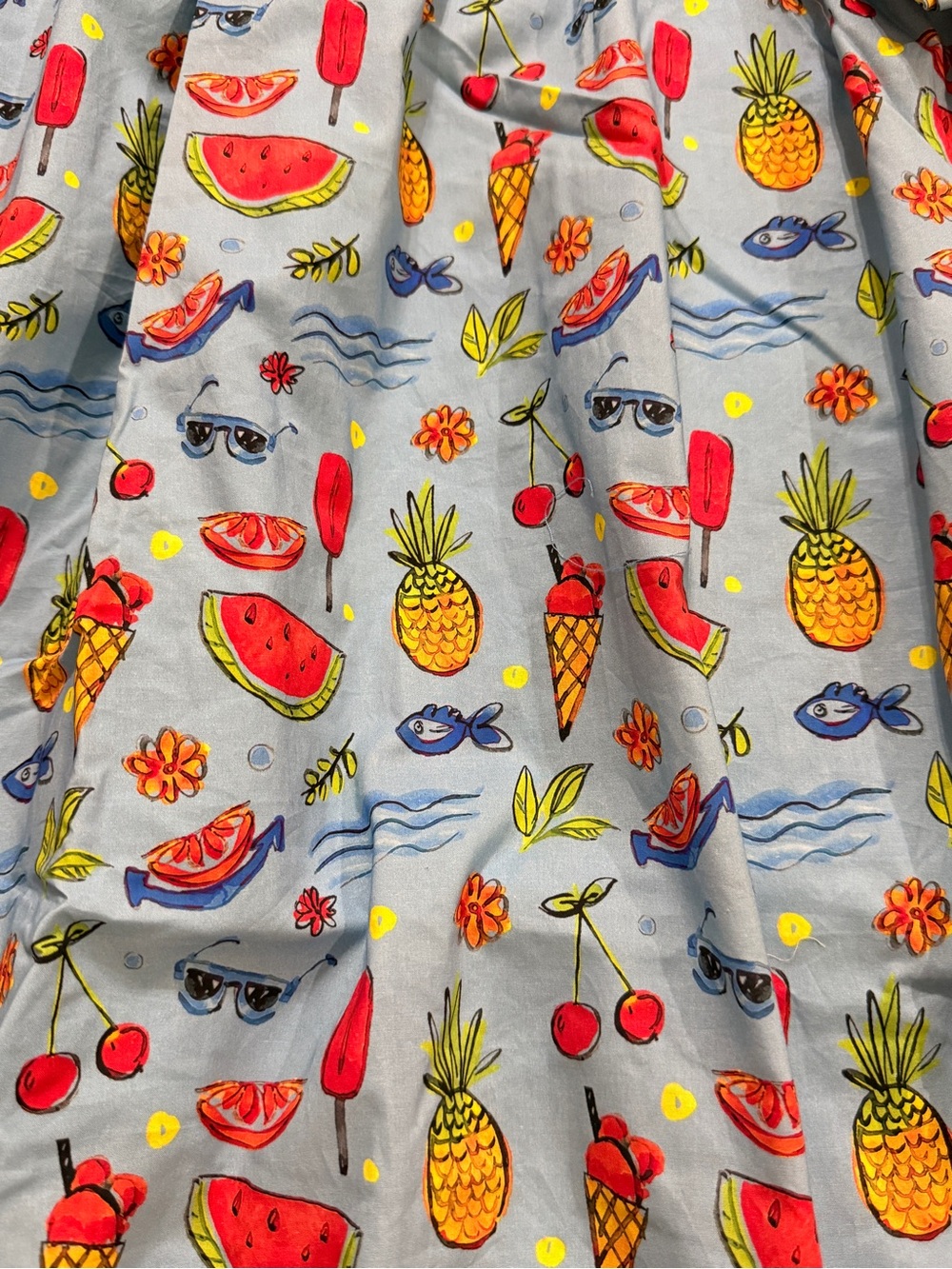 NWT TulipB Blue Fruit Print Cotton Fit & Flare Dress Large Summer Tie Waist - Picture 4 of 9